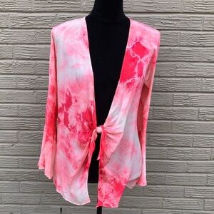 Aum-Couture Silk Pinks & White Tie Dye Long Bell Sleeve Tie Front Wrap Blouse M